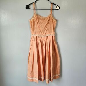 Vintage 50s Orange Gingham Daisy Lace Trim Sun Dress Metal Side Zipper XS